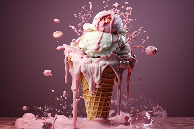 Ice cream in waffle cone with splashes 3d illustration A lone penguin on a melting ice floe representing climate change and global warming AI Generated