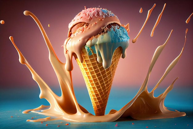 Ice cream in a waffle cone with splashes and drops on a blue backgroundgenerative ai