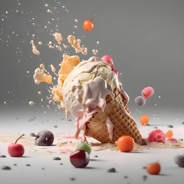 Ice cream in waffle cone with splashes and drops on dark background