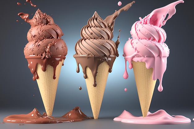 Ice cream waffle cones with milk splash and strawberry isolated on studio background Generation AI