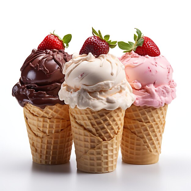 Ice cream in waffle cones with strawberries and chocolate isolated on white background