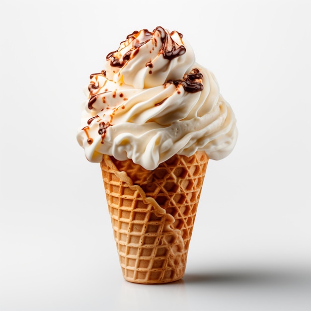 Ice cream in a waffle cup with topping caramel and chocolate sprinkles AI generated image