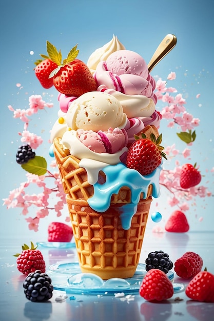 Ice cream in waffle pole with strawberries and other elements