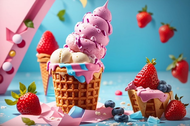 Ice cream in waffle pole with strawberries and other elements