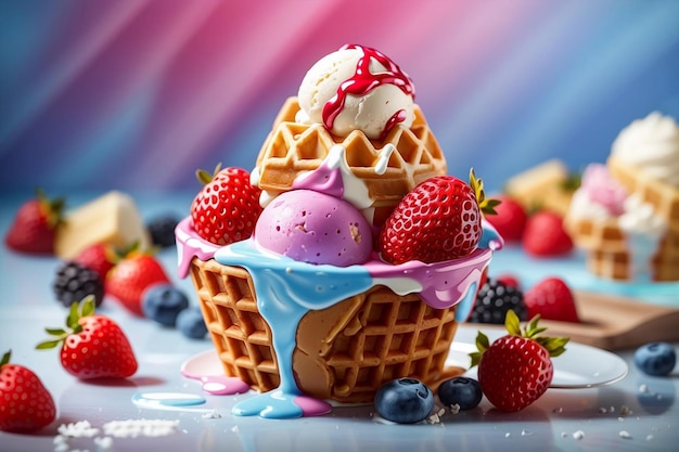 Ice cream in waffle pole with strawberries and other elements