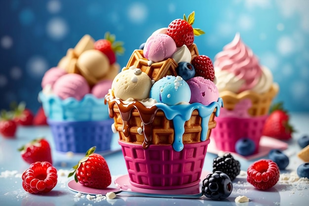 Ice cream in waffle pole with strawberries and other elements