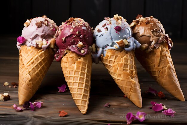 Ice cream waffles cones with colorful candy