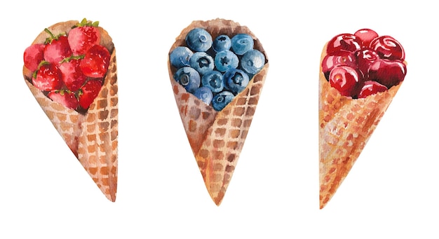Ice cream watercolor collection Ice cream in waffle cups with various fillings