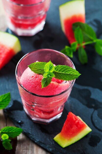 Ice cream wirh watermelon and mint