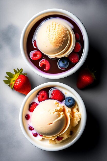 Мороженое с ягодами в миске на столе