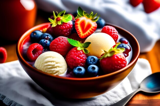 Ice cream with berries in bowl on table