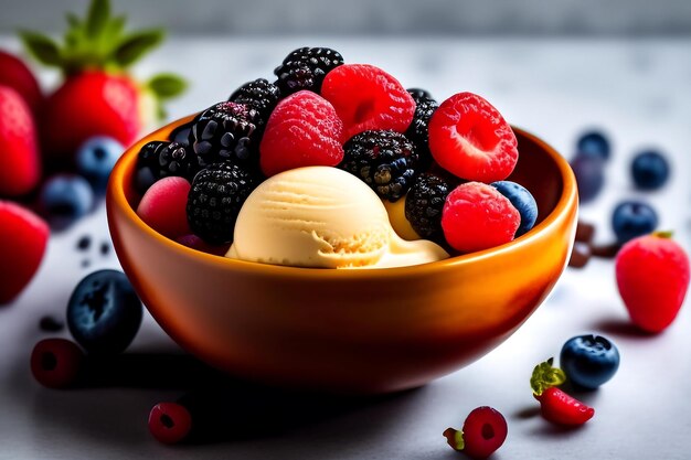 Ice cream with berries in bowl on table