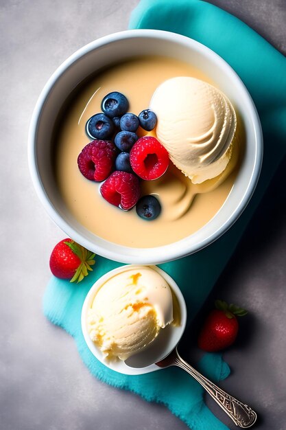 Ice cream with berries in bowl on table