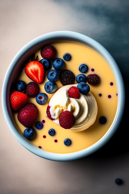 Ice cream with berries in bowl on table