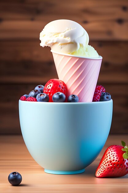 Ice cream with berries in bowl on table