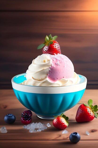 Ice cream with berries in bowl on table