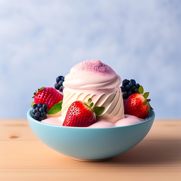 Ice cream with berries in bowl on table