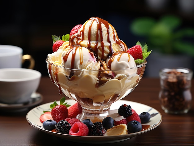 Мороженое с ягодами и карамелью Generative AI