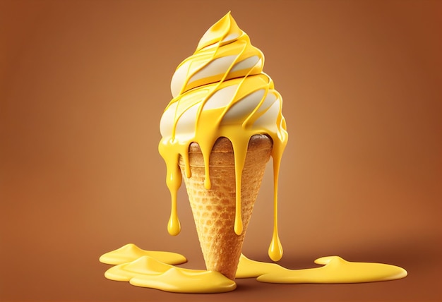 ice cream with chocolate and caramel on a yellow background 3d rendering generative ai