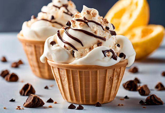 Мороженое с кусочками шоколада на столе