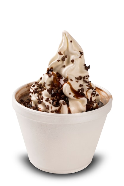 Ice cream with chocolate syrup. White background