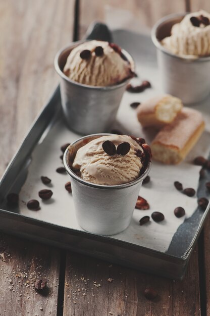 Ice cream with coffee and biscuits