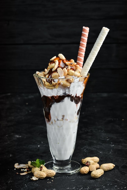 Ice cream with coffee and chocolate. Dessert. Top view.