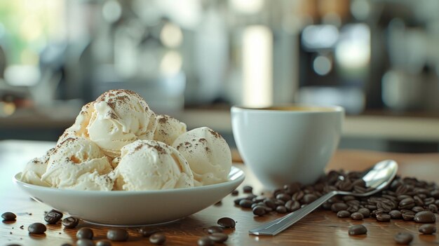 Photo ice cream with coffee coffee beans decor