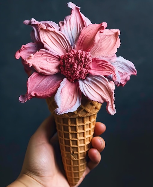 Foto gelato con fiori gelato ai fiori in una tazza di waffle