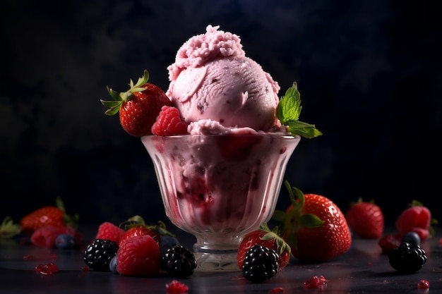 Ice cream with fresh berries on the dark background