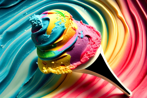 Ice cream with fresh berries on a spoon on a colorful background generative ai