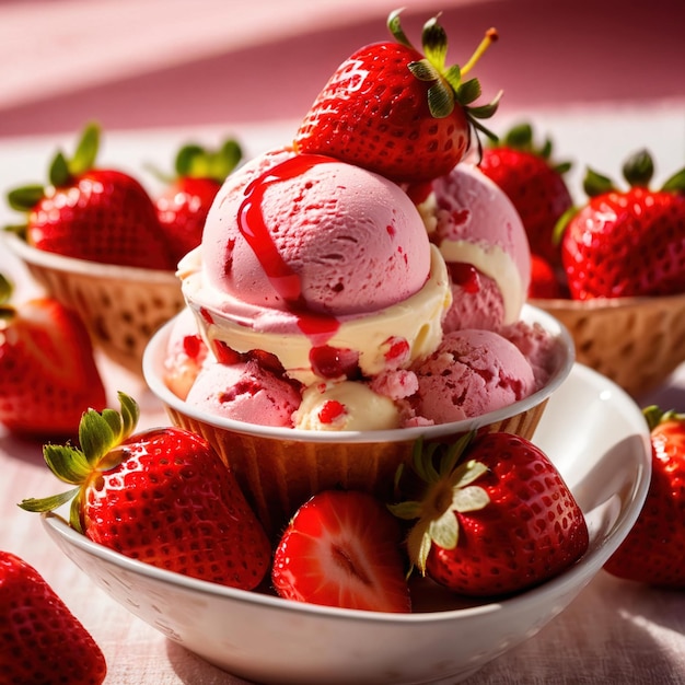 Photo ice cream with fresh strawberries fruti and berry frozen dessert for summer