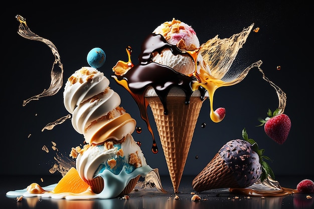 Ice cream with fruit on dark background