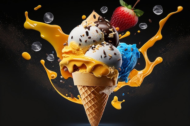 Ice cream with fruit on dark background