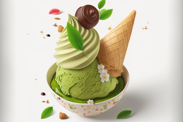 Ice cream with green tea and matcha on a white background