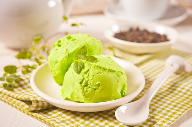 Ice cream with mint leaves on a plate