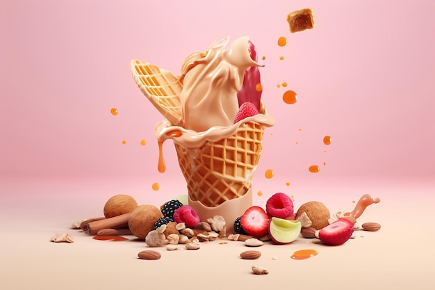 Ice cream with nuts and fruits on pastel background