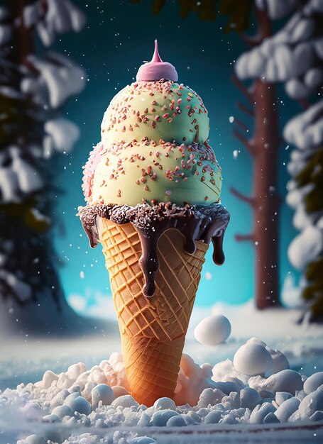 Foto gelato con effetto neve in una foresta di neve generative ai