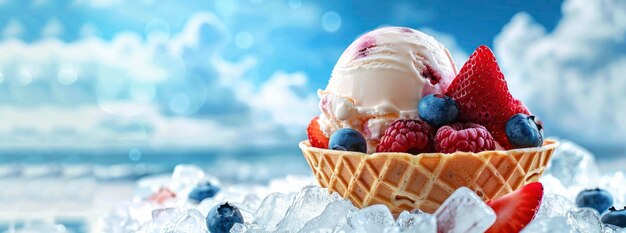 ice cream with strawberries and blueberries in a waffle with a sea background blue sky clouds ice cubes