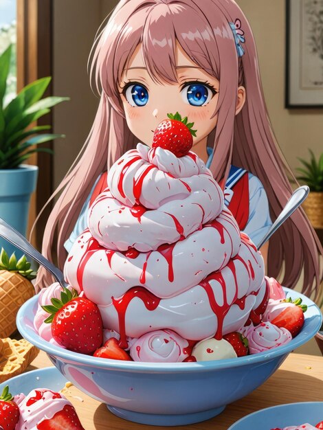 Ice cream with strawberries in a plate Anime