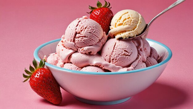 Ice cream with strawberries in a plate