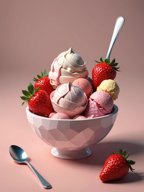 Ice cream with strawberries in a plate