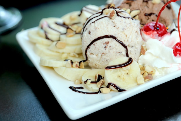 Ice cream with topping.