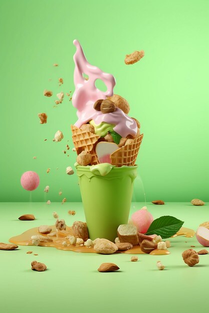 Ice cream with waffle and berries and nuts on pastel green background