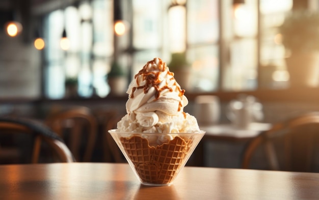 Ice cream on a wooden table with a blurry background