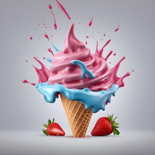 ice creame splash van een kegelaardbei