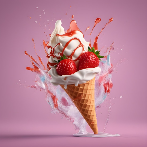 ice creame splash van een kegelaardbei