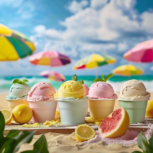 ice creams are on a tray on a beach with umbrellas in the background