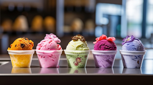 Ice creams in a row with a red flower on the top.