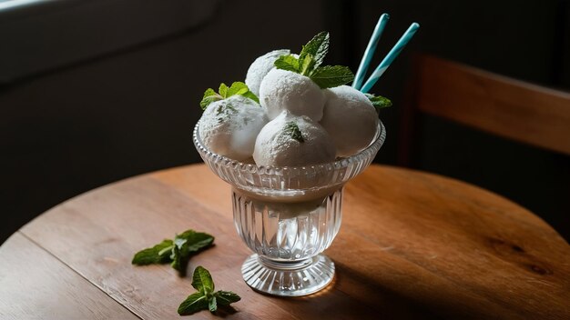 Ice crem balls decorated with mint in a glass vase on a wooden table